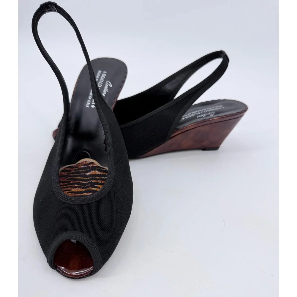 Donald J Pliner Wedge Sandals Womens 9.5 Black Mesh Peep Toe Slingback Italy